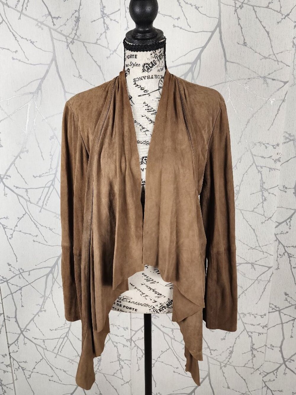 Melanie Lyne Tan Camel Genuine Suede Drape Open Cardigan